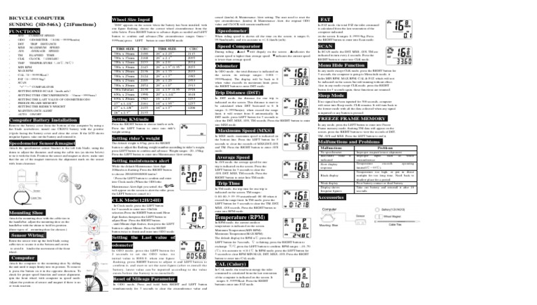 SunDing SD-546A Bicycle Computer - Manual | Speed | Manufactured Goods