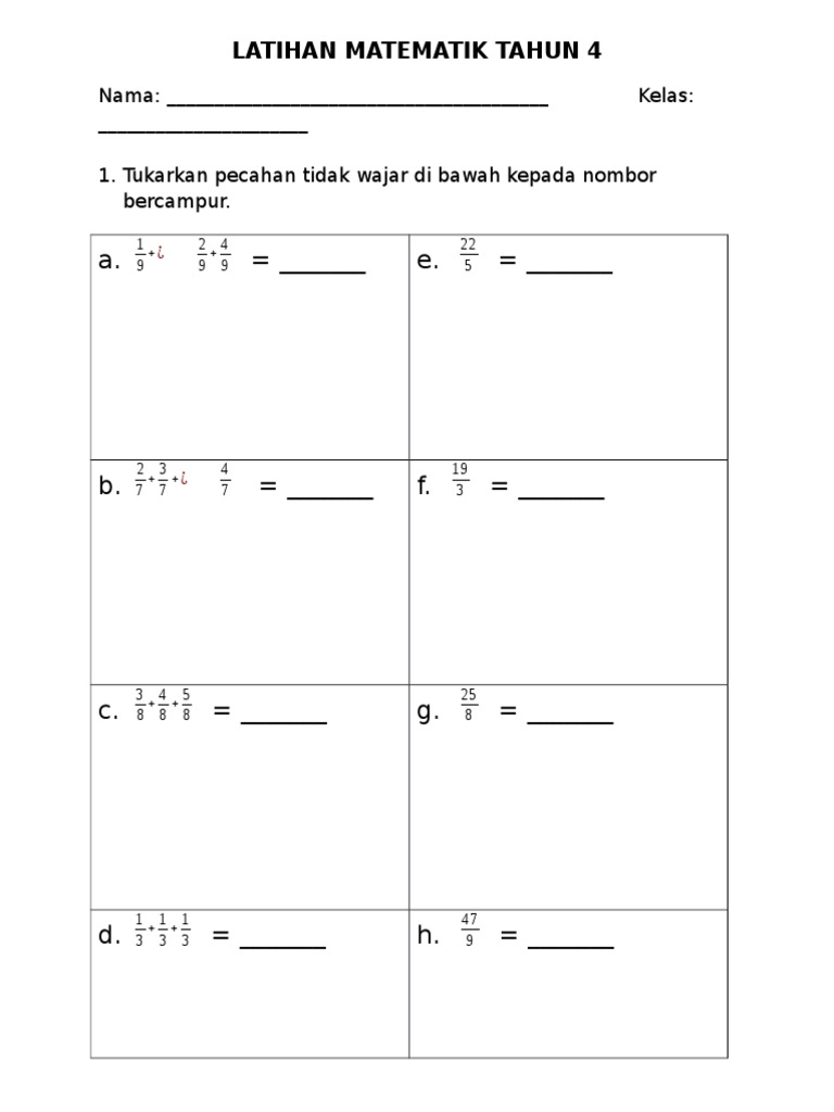 Latih Tubi Matematik Tahun 4 Soalan Latihan Matematik Tahun 4