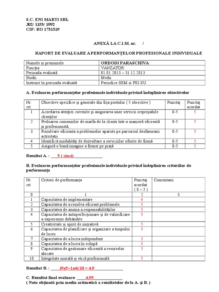 Raport Evaluare Performante Vanzatoare