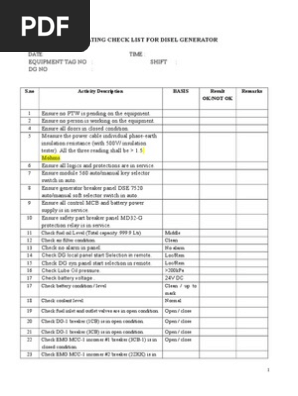 Diesel Generator Checklist Pdf Switch Electrical Equipment
