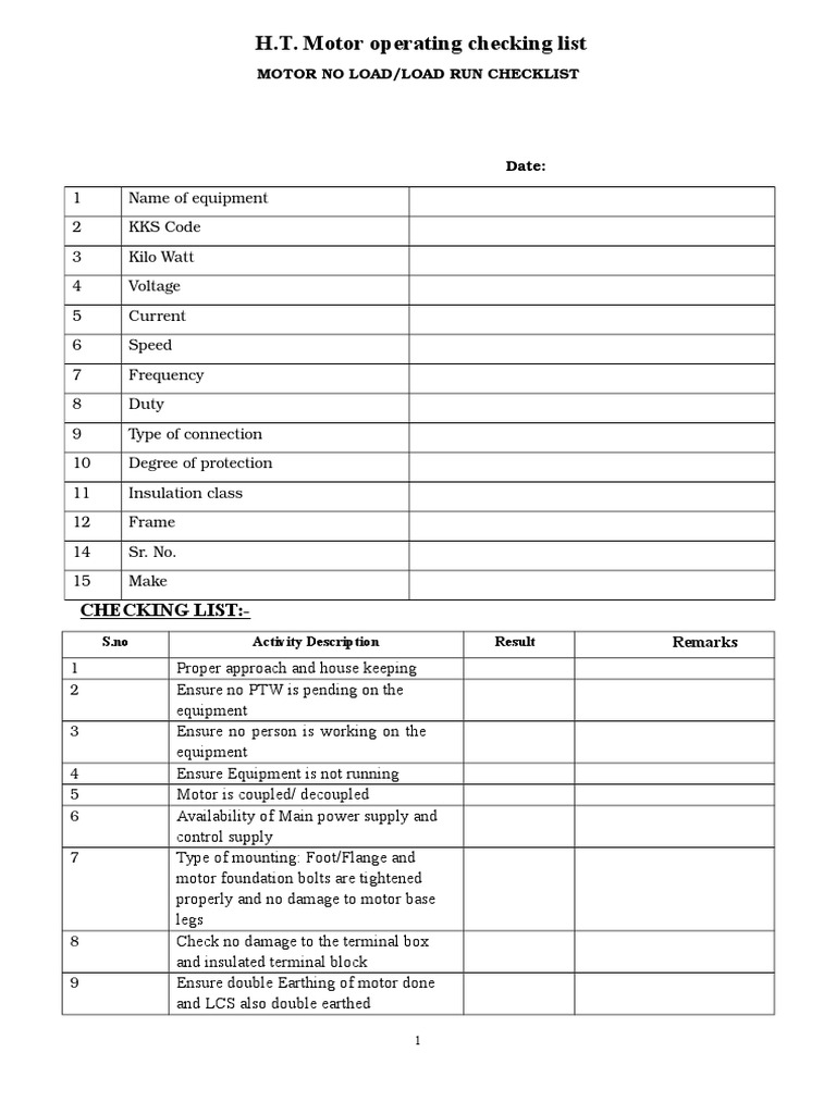 H.T. Motor Operating Checking List | PDF