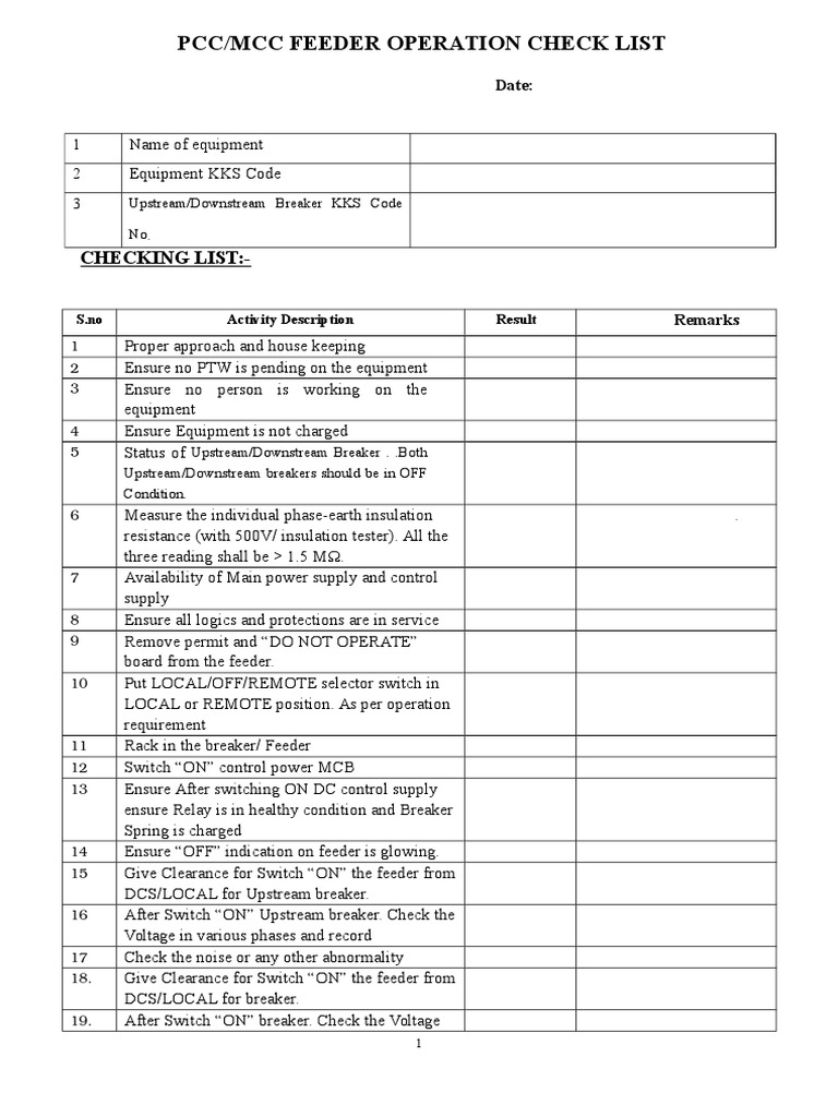 PCC/MCC Feeder Operation Check List | PDF | Switch | Direct Current