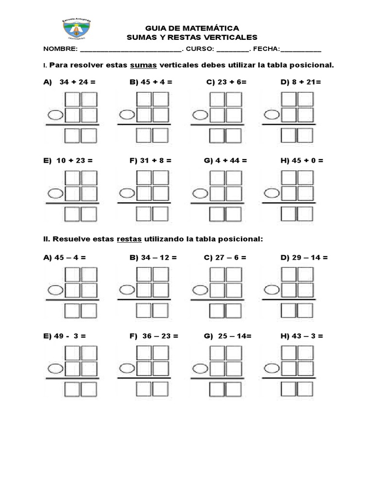 GUIA de MATEMÁTICA Sumas y Restas Sin Reserva | PDF