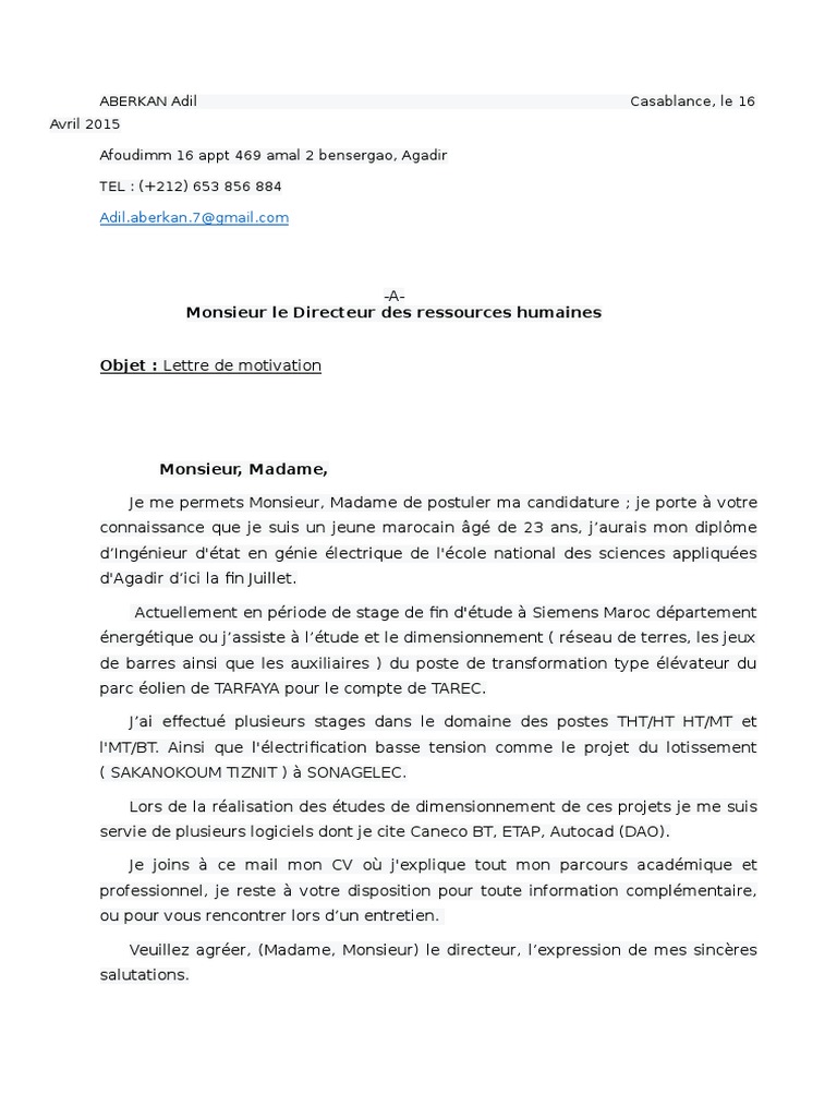 Lettre De Motivation Pour Stage Ingénieur Génie électrique