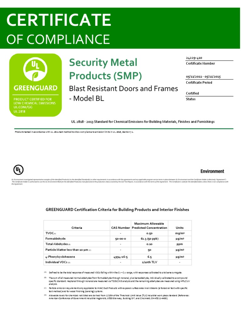 Certificate 24229 Volatile Organic Compound Formaldehyde