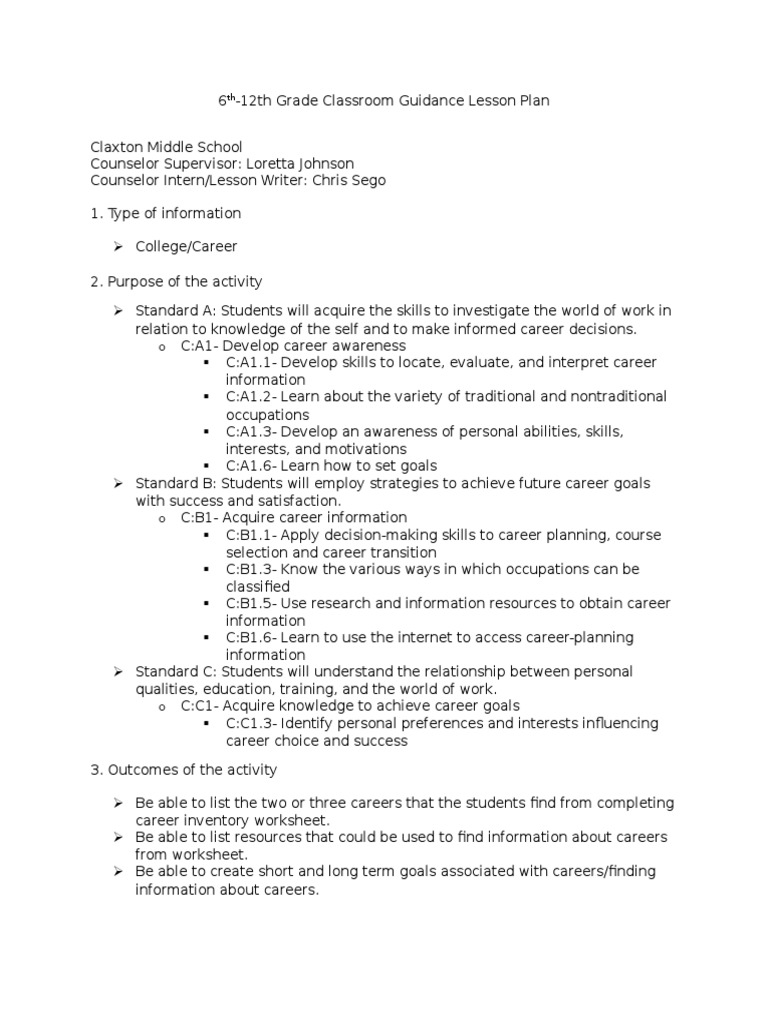 Career Exploration Lesson Plan for Grades 6-12 | PDF | School Counselor ...