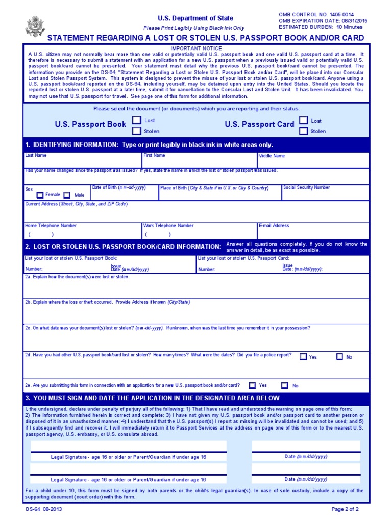 Lost or Stolen Passport Statement Form | PDF | Passport | National Security
