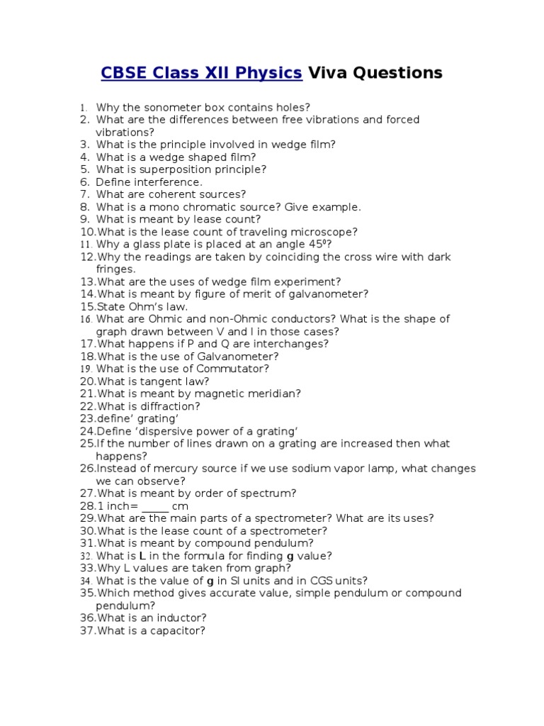 CBSE Class XII Physics and Chemistry Viva Questions Class XII Science