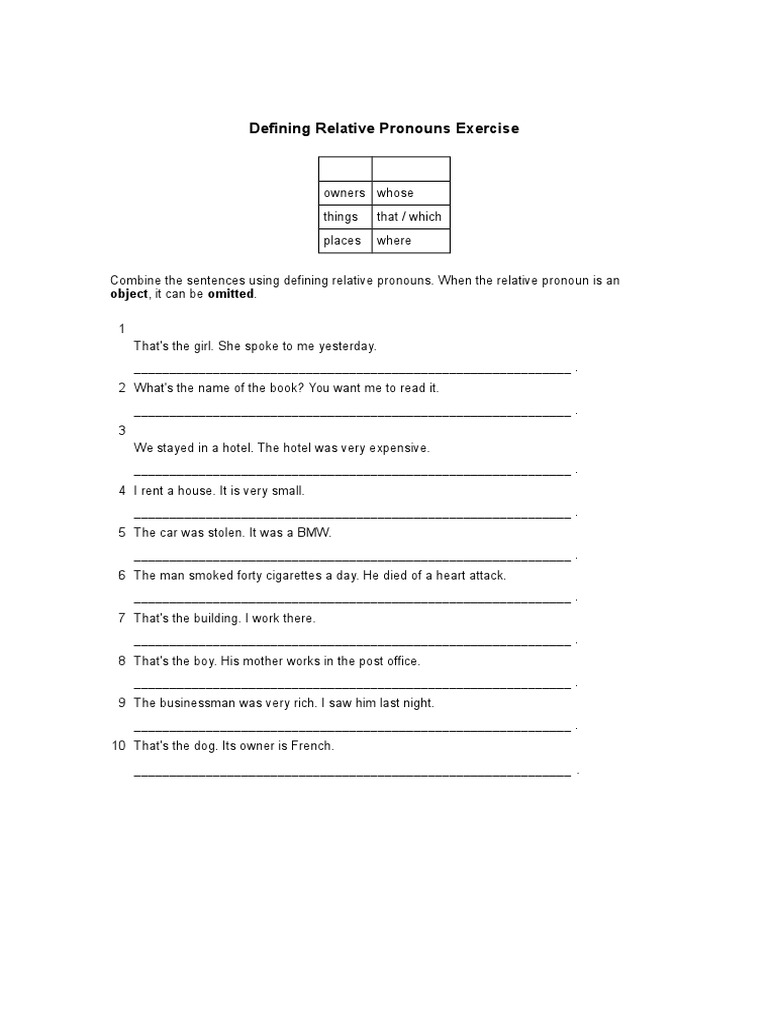 Defining Relative Pronouns Exercises | PDF