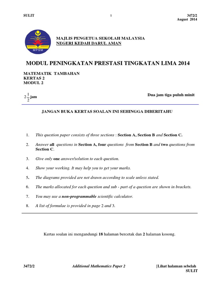 SPM Additional Mathematics Paper 2 | PDF | Trigonometric Functions ...
