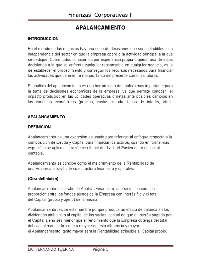 Tipos y Análisis del Apalancamiento Financiero | PDF | Apalancamiento ...