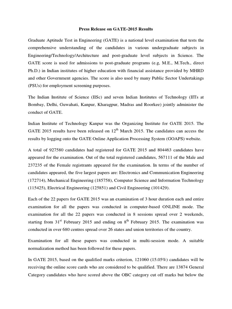 Gate 2015 ResultPressRelease | PDF | Career And Technical Education ...