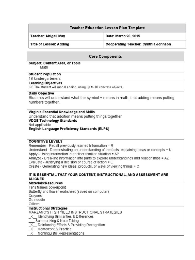 Kindergarten Addition Lesson Plan | PDF | Lesson Plan | Understanding