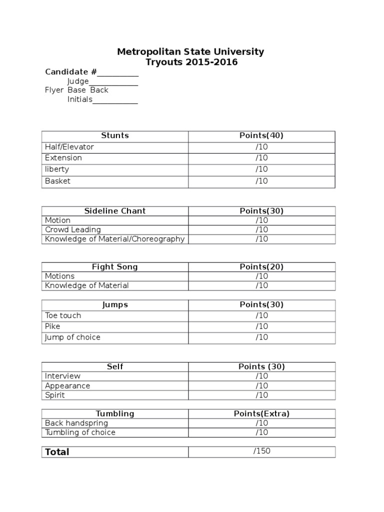 Tryout Score Sheet PDF