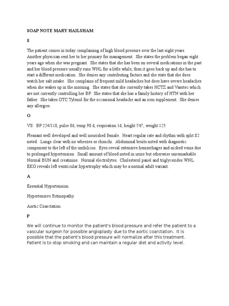 Soap Note Mary Hailsham | PDF