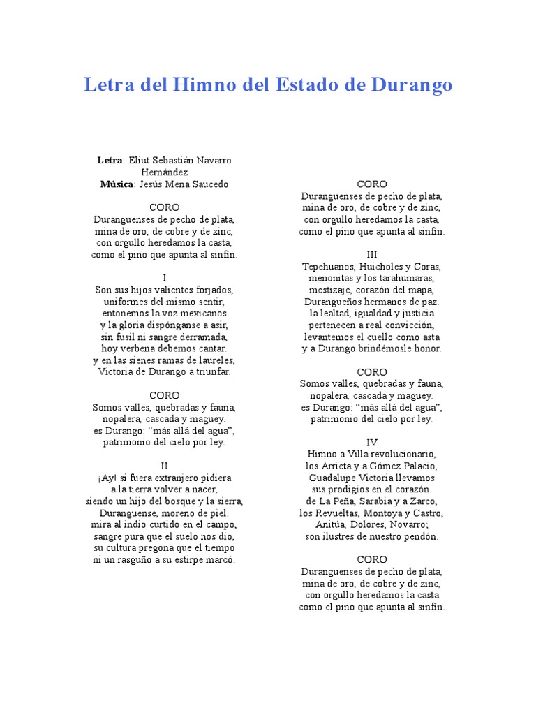 Letra Del Himno Del Estado de Durango
