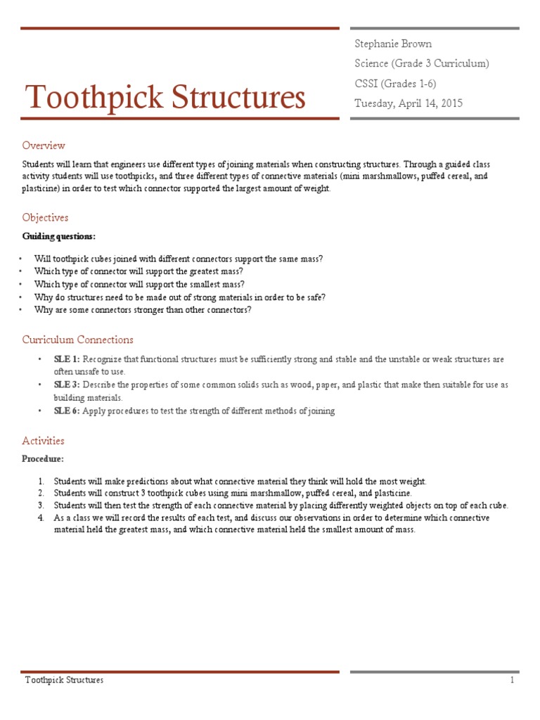 Toothpick Structure Building Lesson | PDF | Mass | Teaching