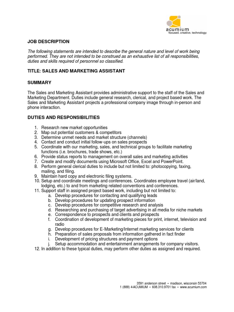 Sales Marketing Assistant Job Description Pdf Sales Marketing