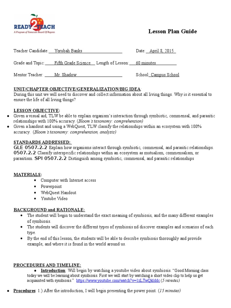 Lesson Plan For Idt Teach Revised | PDF | Symbiosis | Lesson Plan