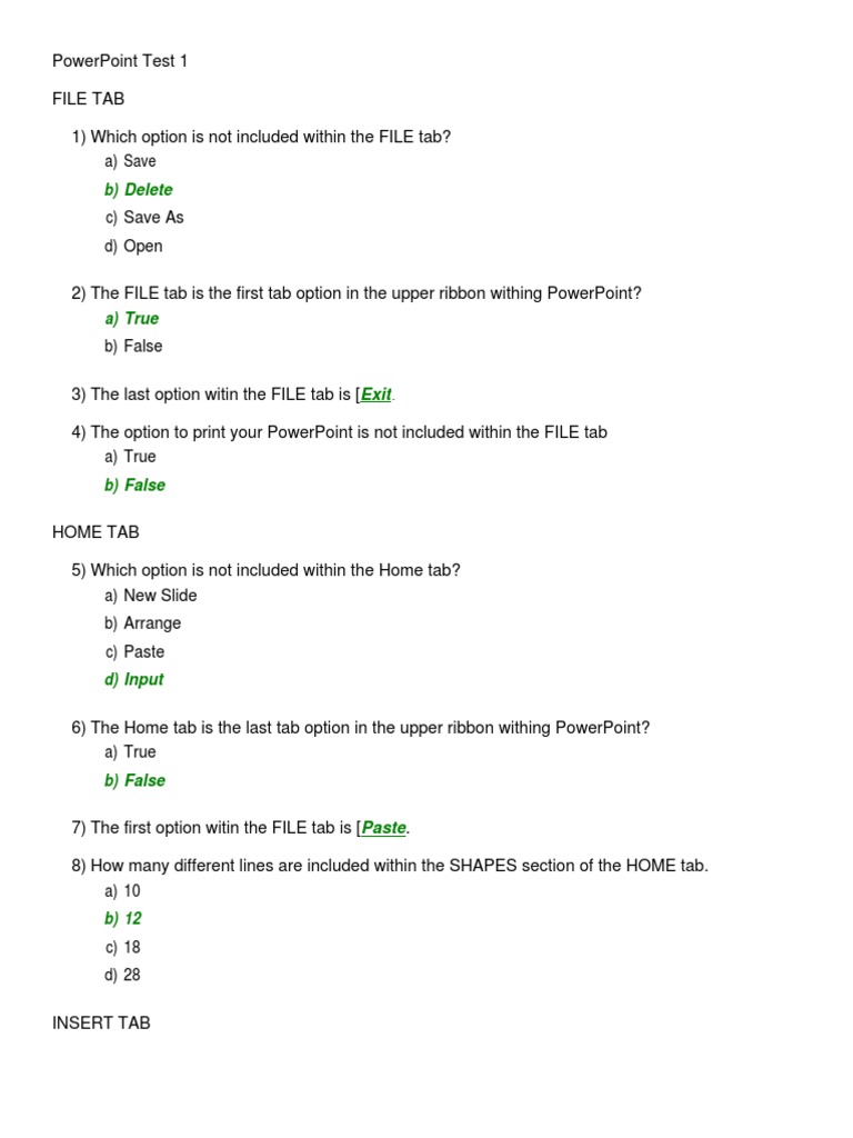 Powerpoint Test Answers Microsoft Power Point Software
