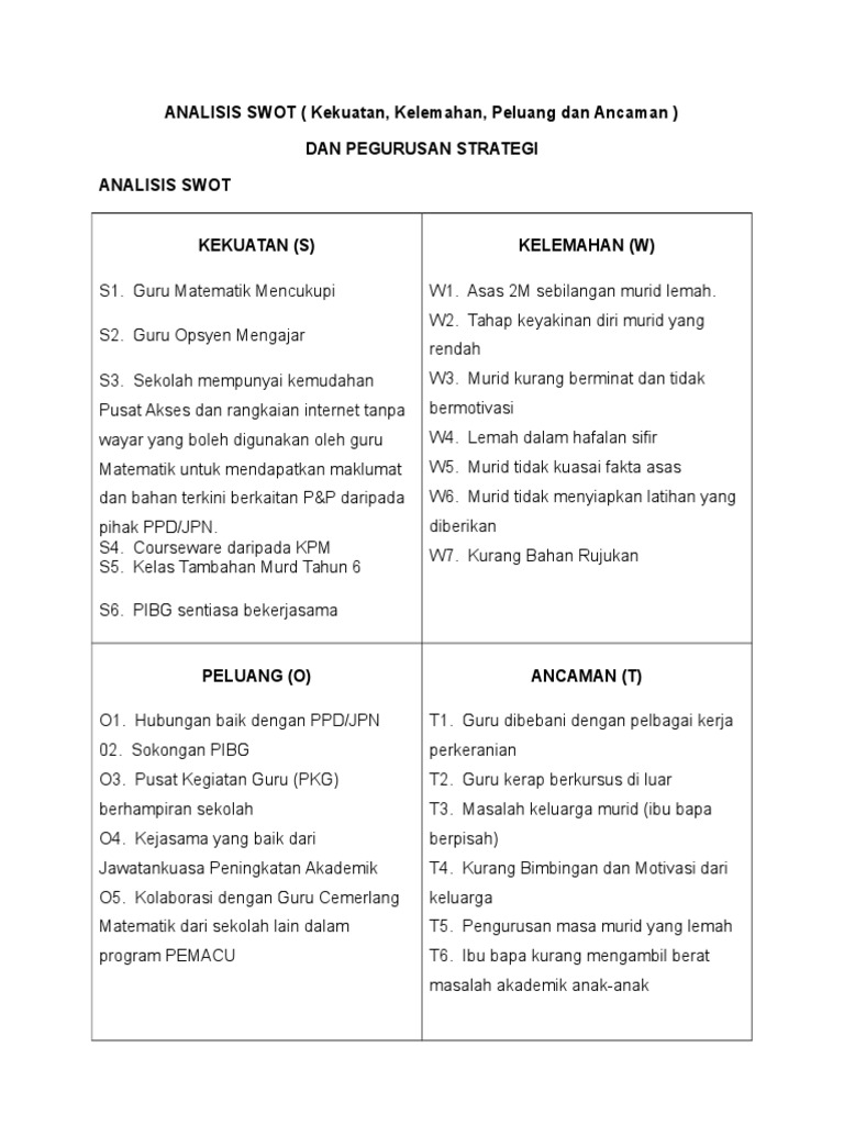 Analisis Swot Kekuatan Kelemahan Peluang Dan Ancaman Dan Pegurusan Strategi Analisis Swot