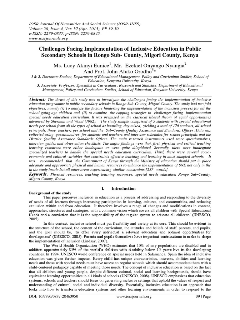 Challenges Facing Implementation of Inclusive Education in Public ...