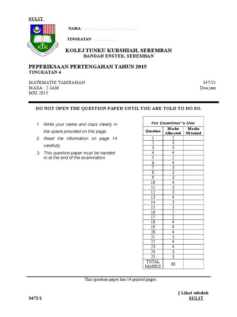 Format Cover Dan Soalan MT Paper 1  Quadratic Equation 