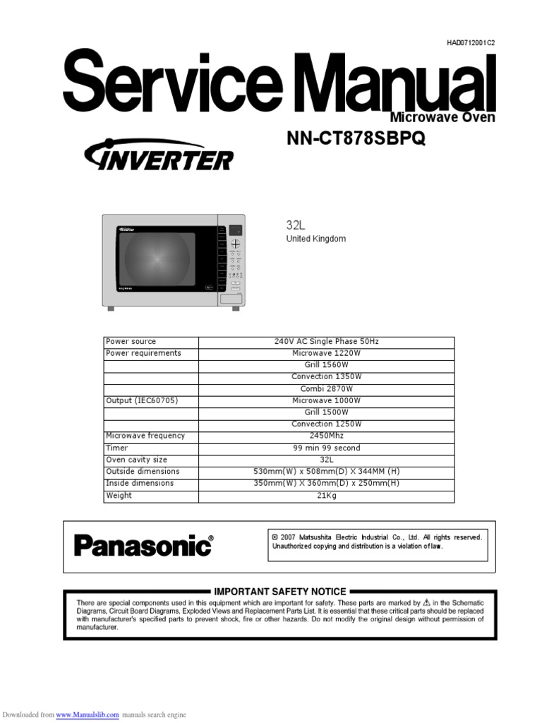Panasonic Microwave nnct878 Service Manual Switch Power Inverter