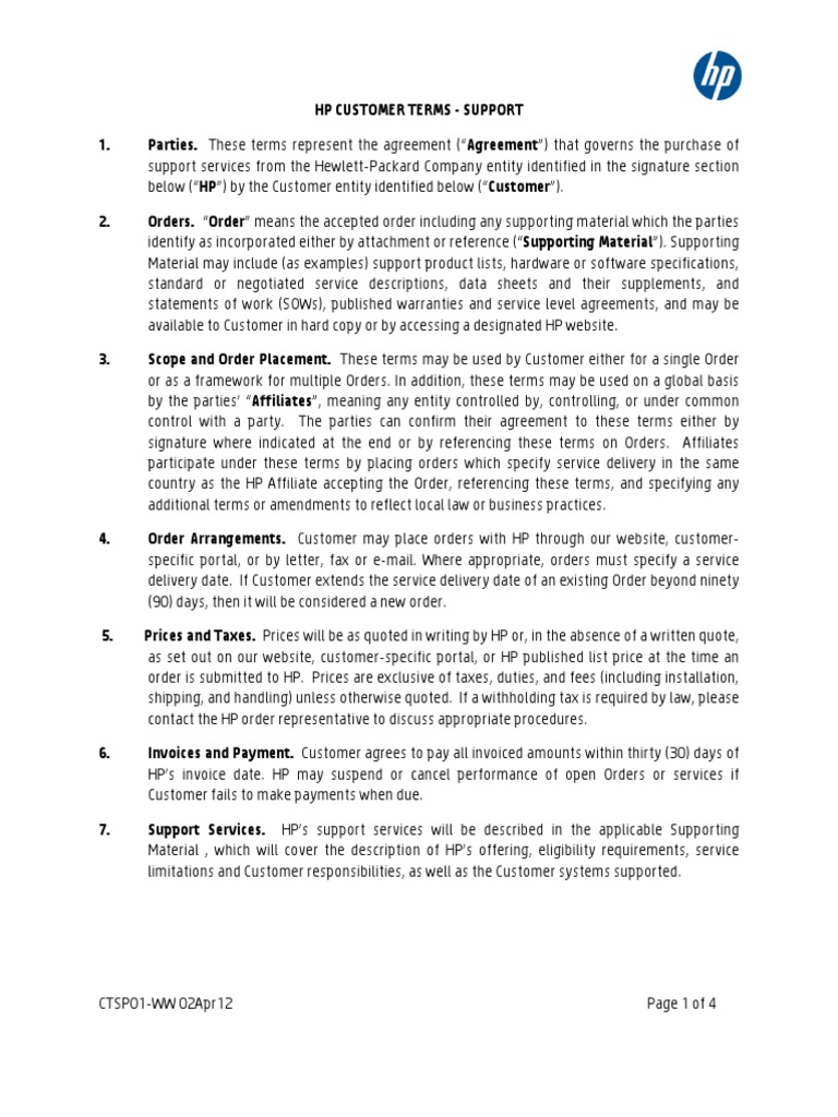 (CTSP01) HP Customer Terms Support PDF Bankruptcy Hewlett Packard