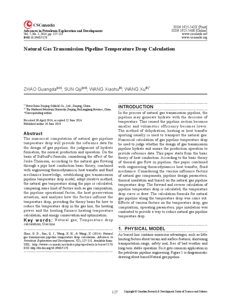 Natural Gas Transmission Pipeline Temperature Drop Calculation PDF