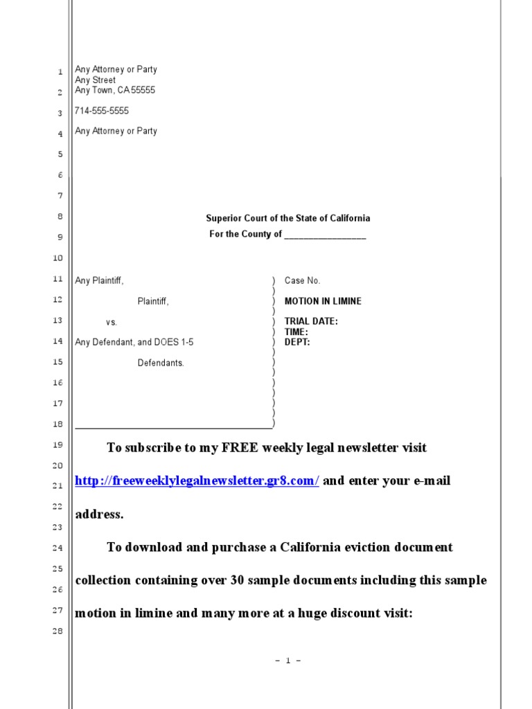 Sample Motion in Limine for Eviction After Foreclosure in California