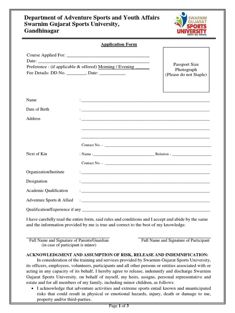 Adventure Sports Course Application Form | PDF | Indemnity | Justice