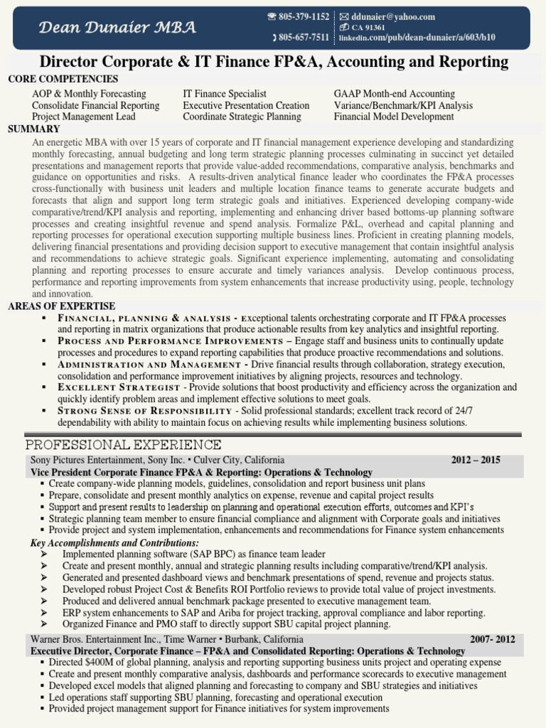 FP&A Director Resume Overview | PDF