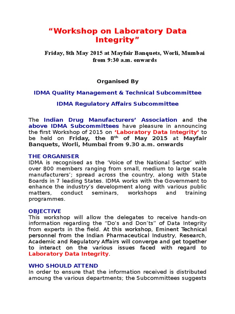 Idma Workshop On Laboratory Data Integrity Pdf Quality Assurance