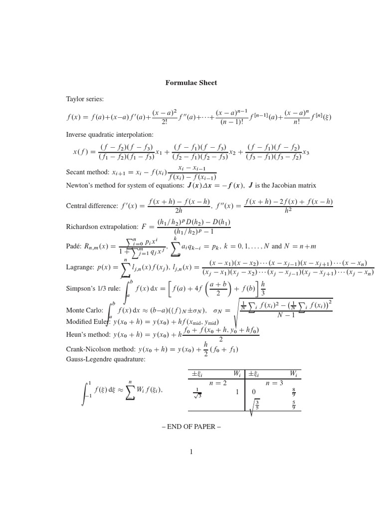 Numerical Methods Formulae Sheet | PDF