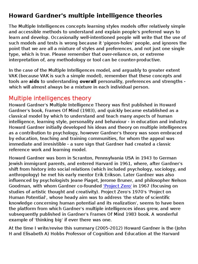 Howard Gardner Multiple Intelligence Theories | PDF | Action ...
