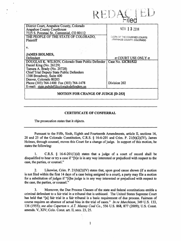 Defense Motion for a New Judge, Filed Nov 13, 2014 Lawsuit Lawyer