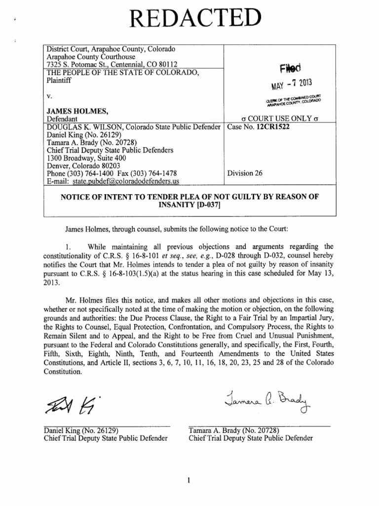 Defense's Notice of Intent To Enter A Plea of Not Guilty by Reason of ...