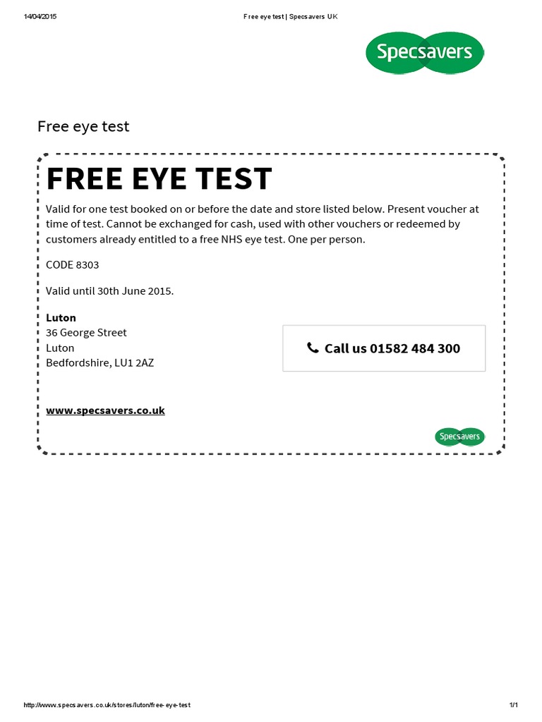 Free Eye Test Specsavers UK PDF