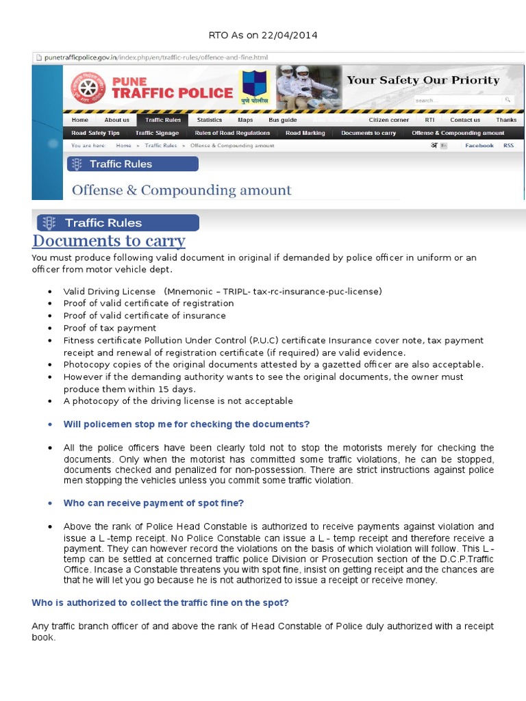 Pune Traffic Fines and Regulations Guide | PDF | Traffic | Driving