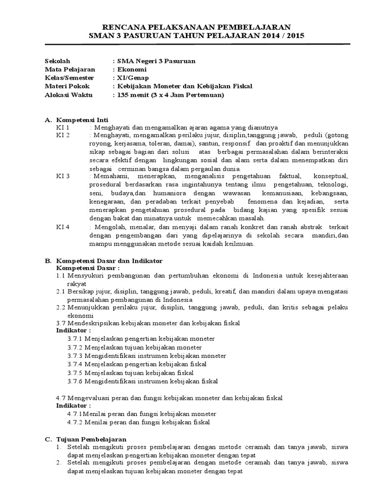 Rpp Kls Xi Kebijakan Moneter Dan Kebijakan Fiskal