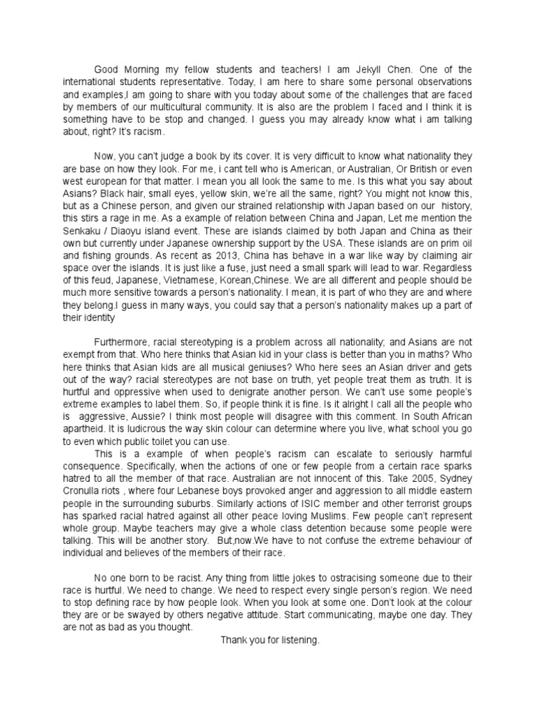 2 minute speech on racism picture