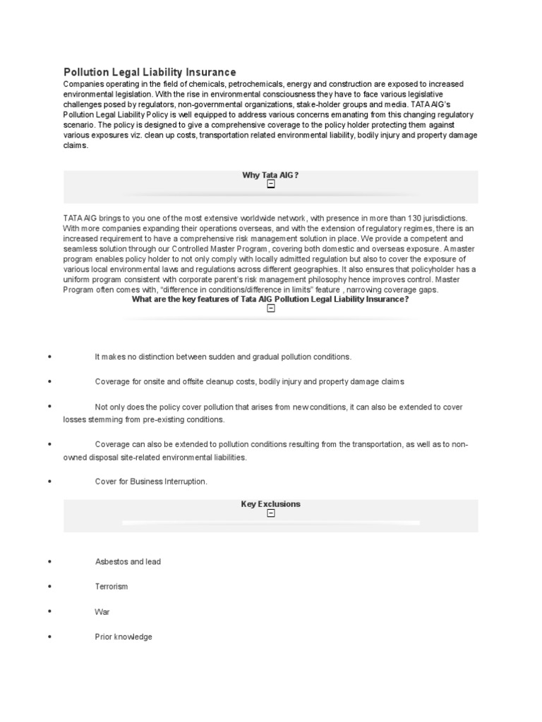 TATA AIG Pollution Legal Liability Insurance | PDF