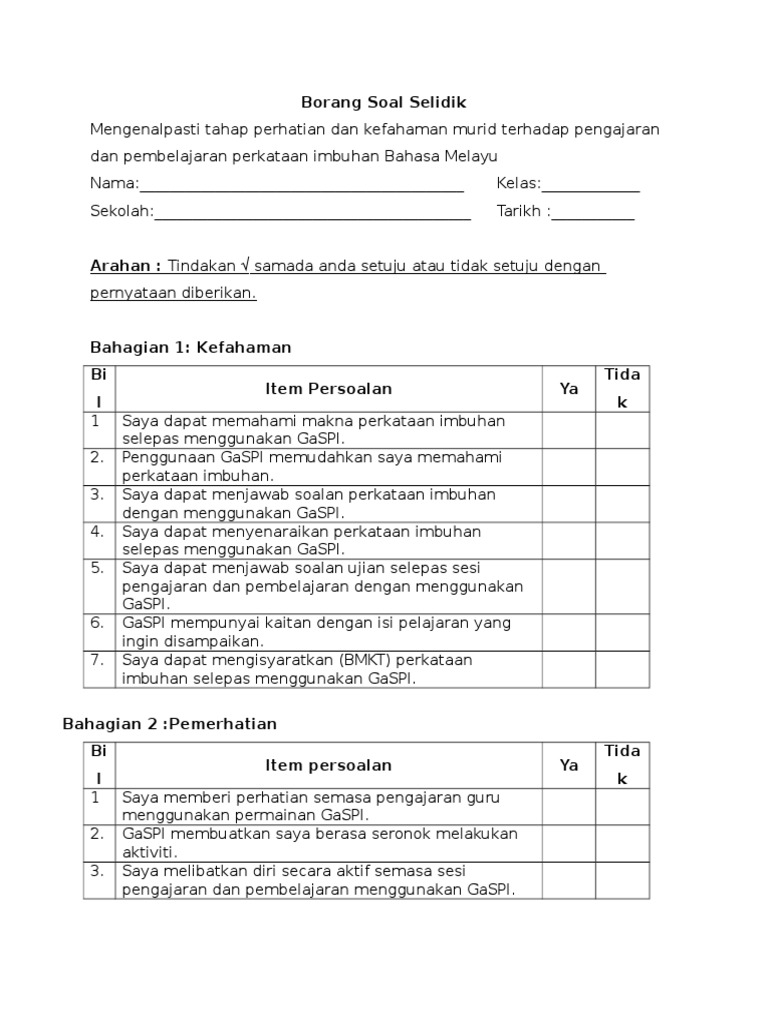 Contoh Borang Soal Selidik Gaya Hidup Sihat Englshkira