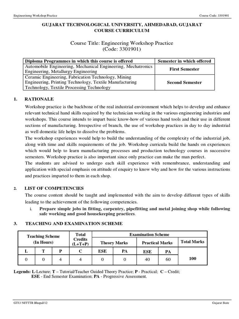 Engineering Workshop Practice Curriculum | PDF | Pipe (Fluid Conveyance ...