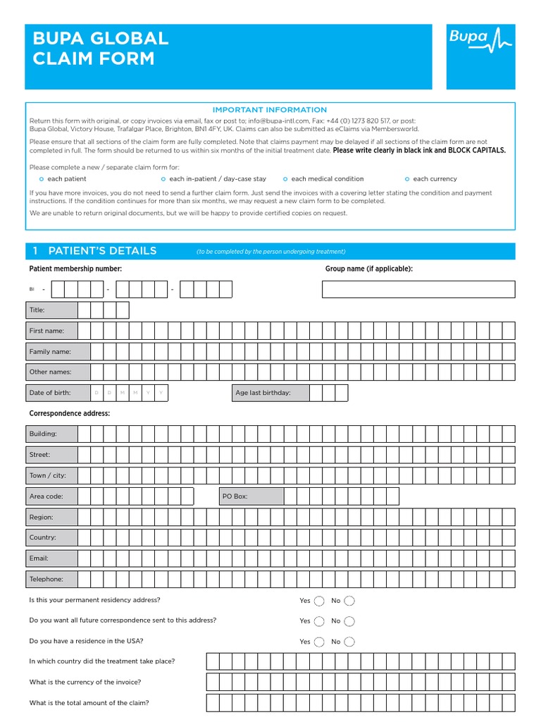 Bupa Claim Form Cheque Payments