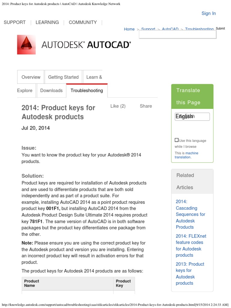 2014 - Product Keys For Autodesk | PDF | Autodesk | Auto Cad