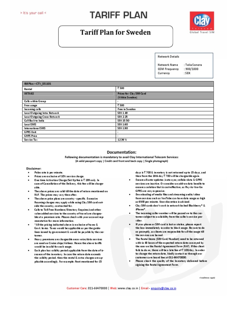 Tariff Plan For Sweden: Network Details Network Name: Telia Sonera GSM ... - Sweden Cable Internet Plan Comparison