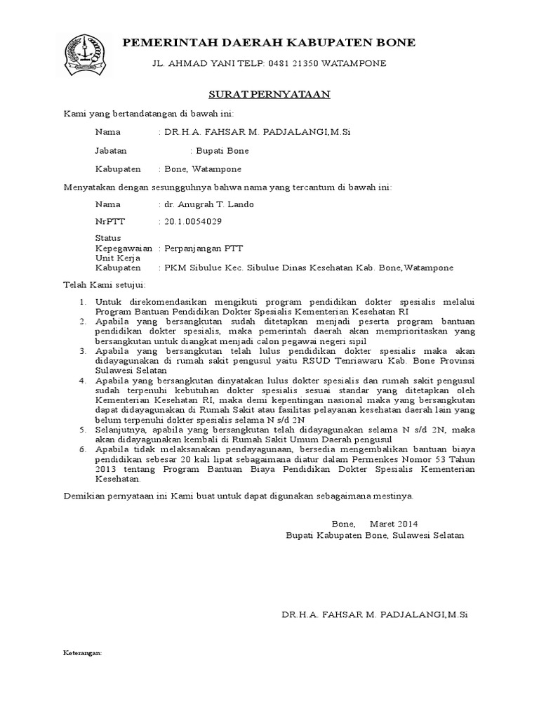 Surat Pernyataan Bupati