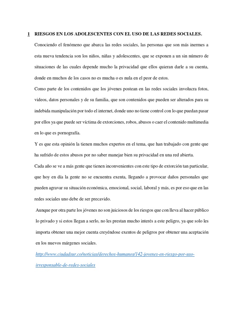 Riesgos en Los Adolescentes Con El Uso de Las Redes Sociales1 | PDF ...